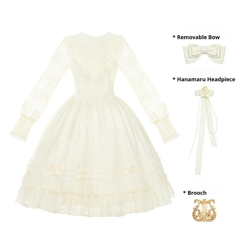 With PUJI - Floral Melody - Ivory Classic Lolita Long Sleeve OP Dress with Layered Bolero OP (OP+removable bow+Hanamaru headpiece+brooch) / in-stock S