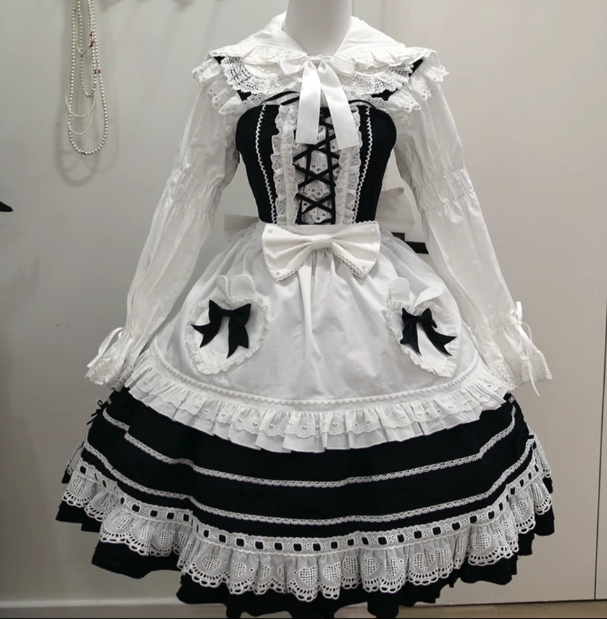 Little Bunny Bakery - Old School Lolita Cotton JSK Dress, Bunny-ear Heart Apron Detachable Black Bows (a pair / on the bunny-ear heart / not sold separately) S