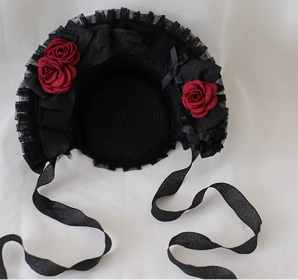 Xiaogui - Gothic Lolita Black Lace Flowers Bonnet