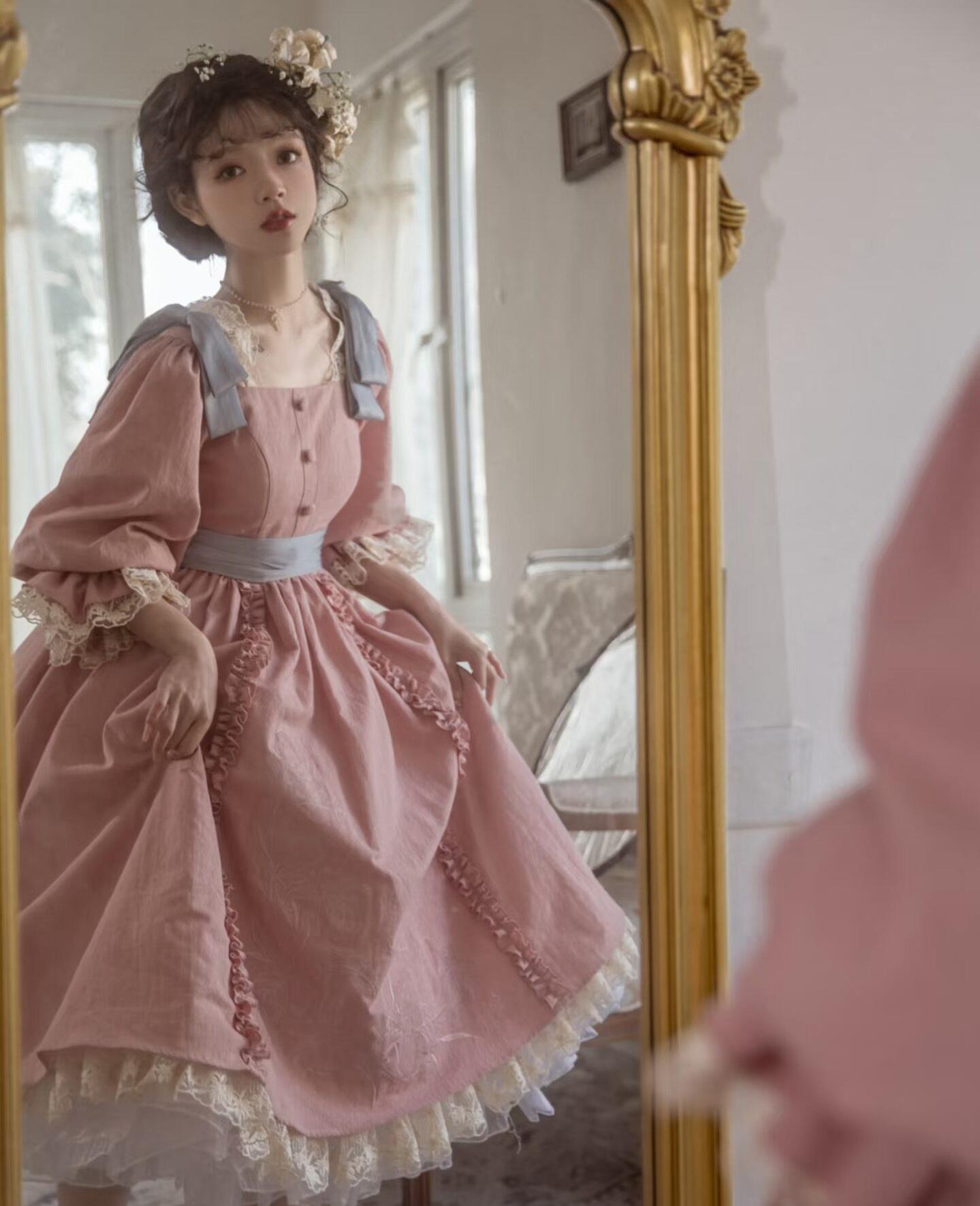 Moonlit Lily - Cotton Classic Lolita OP Dress, Lily Embroidery Pink - OP (with 2 small waist bows + a lace choker) S