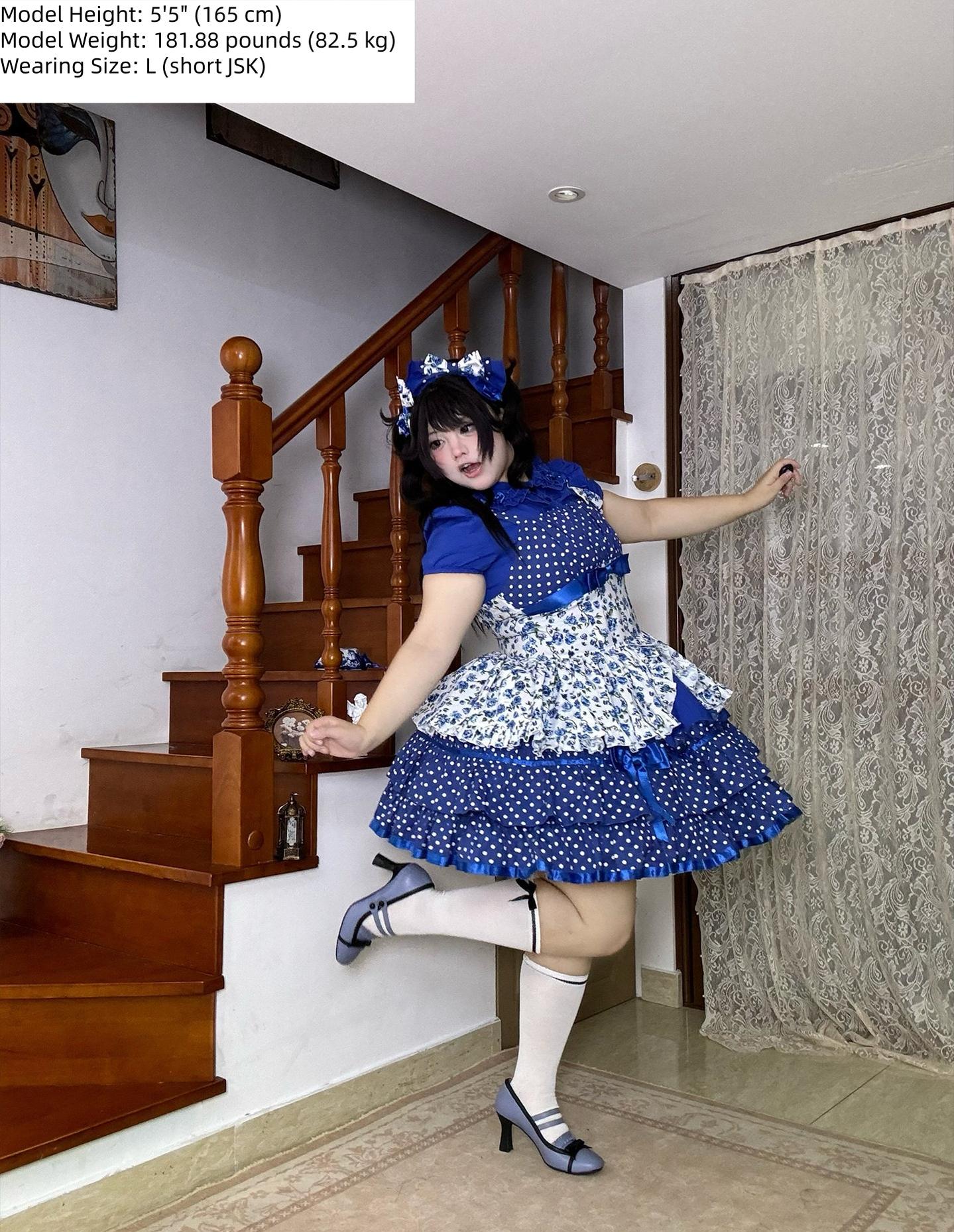 Libobo - Cotton Old School Lolita JSK Dress, Polka Dot & Floral Print 45878:866148