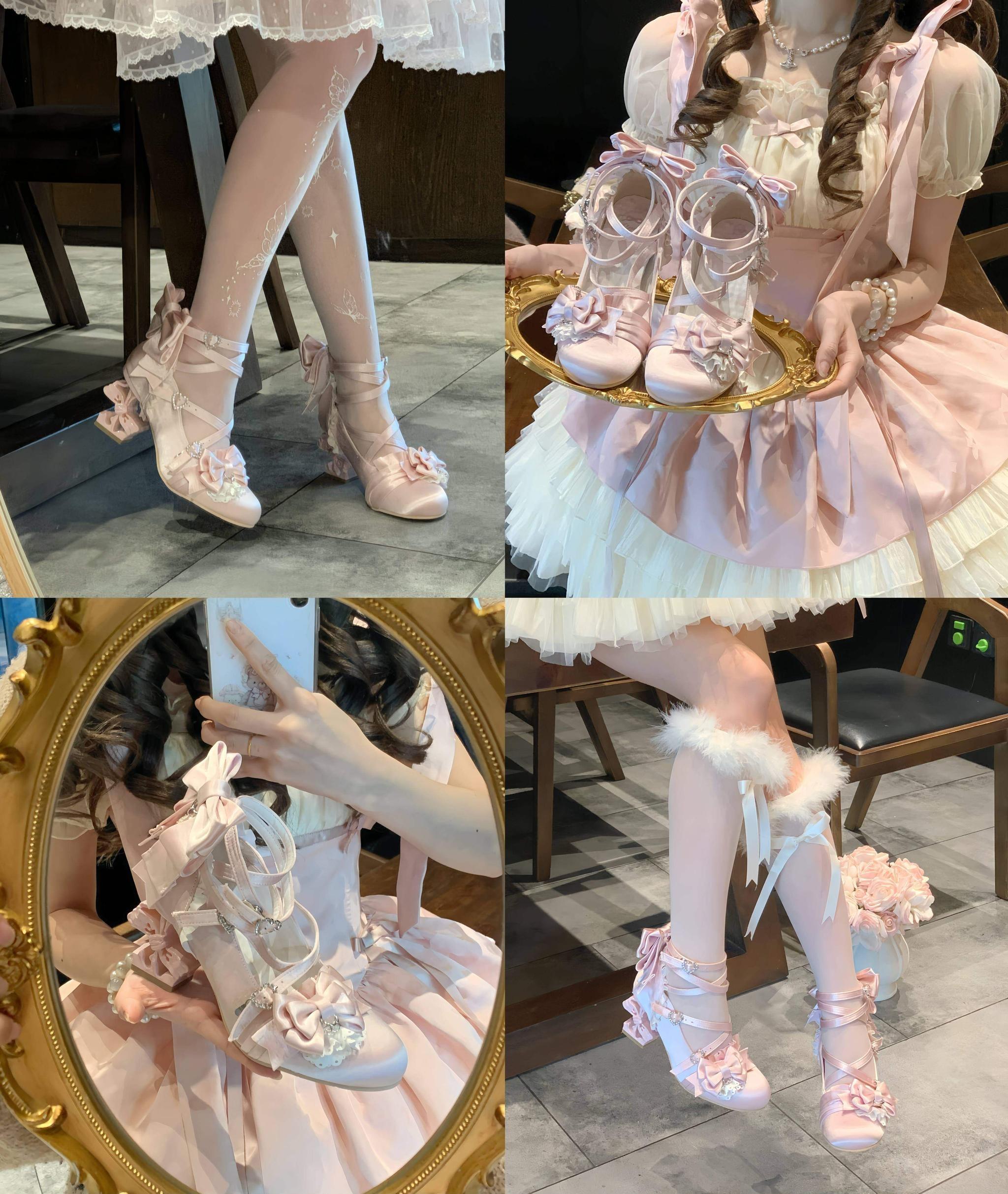 Thousand Knots - Classic Lolita Satin Heels Shoes, Bow-shaped Heel 45207:840838