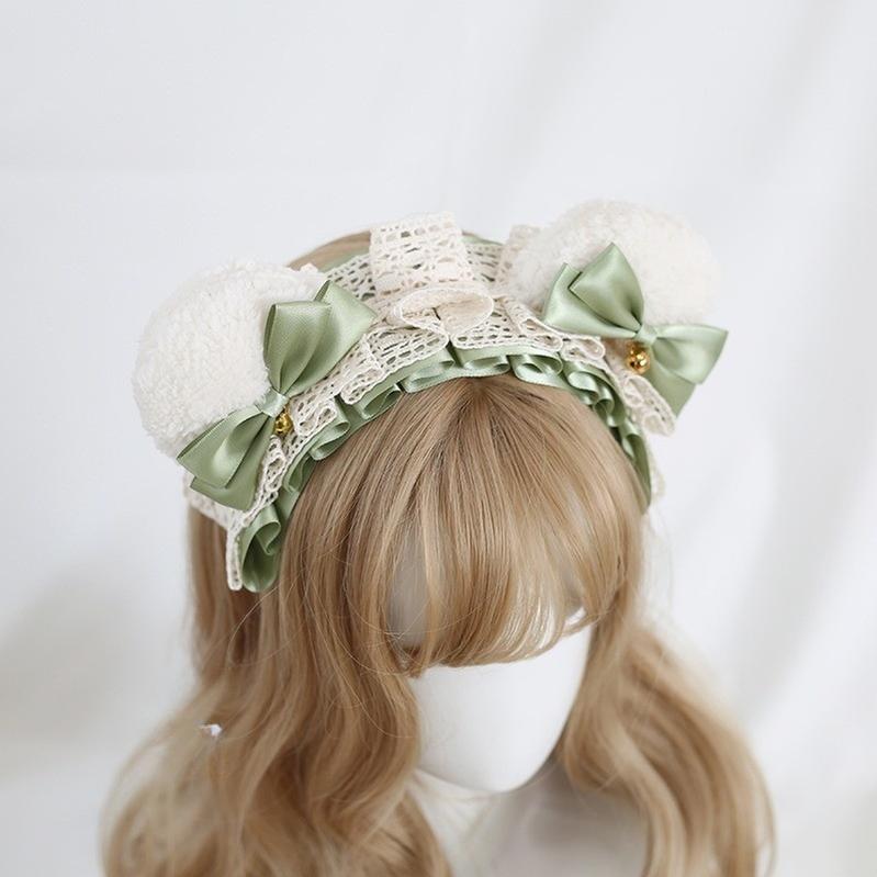 Xiaogui - Sweet Lolita KC With Bear Ear and Removable Bell White Bear Ears (Grass Green Bow)