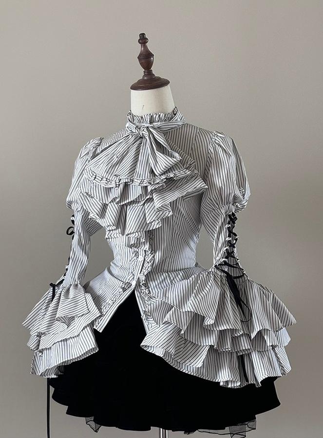 FlowerFairyDaily - Gothic Lolita Striped Shirt With Alternative NeckTie/Jabot White Shirt With Black Strips S