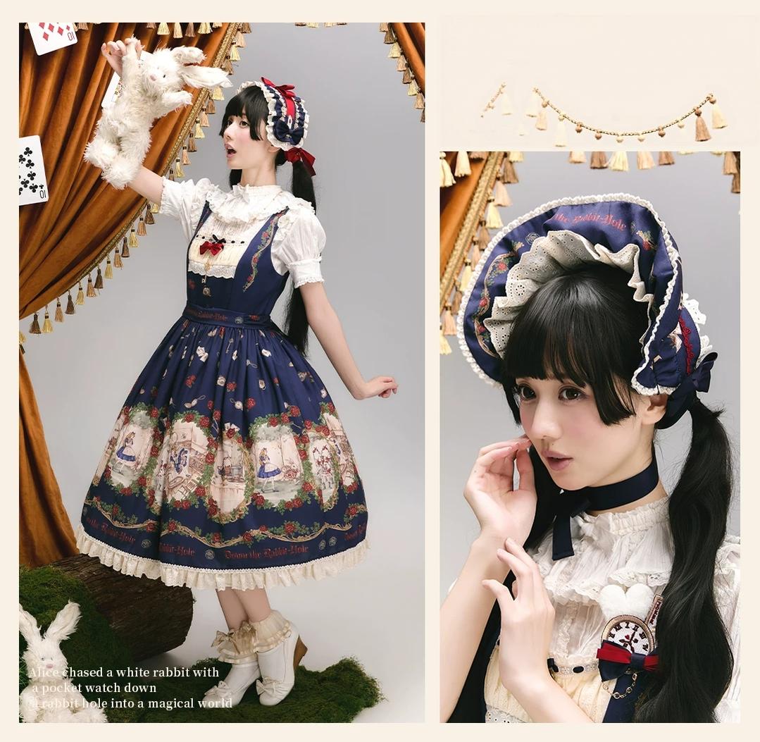 Down the Rabbit Hole - Daily Wear Classic Lolita OP & JSK Dress, Alice in Wonderland Print 46008:871999