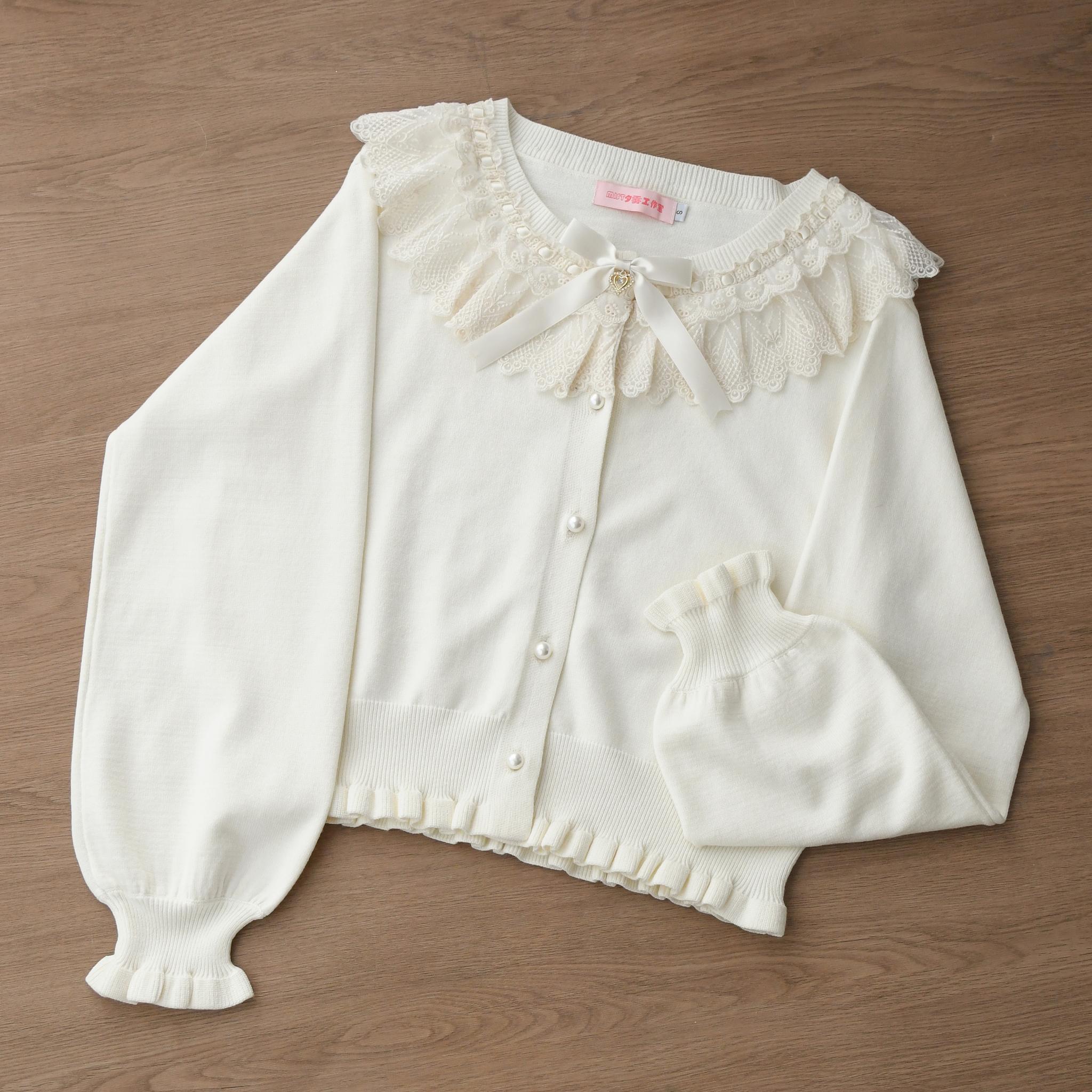 MIST - Graceful Dream - Retro Kawaii Lolita Sweater Cardigan, Ruffled Lace Neckline 43729:783973