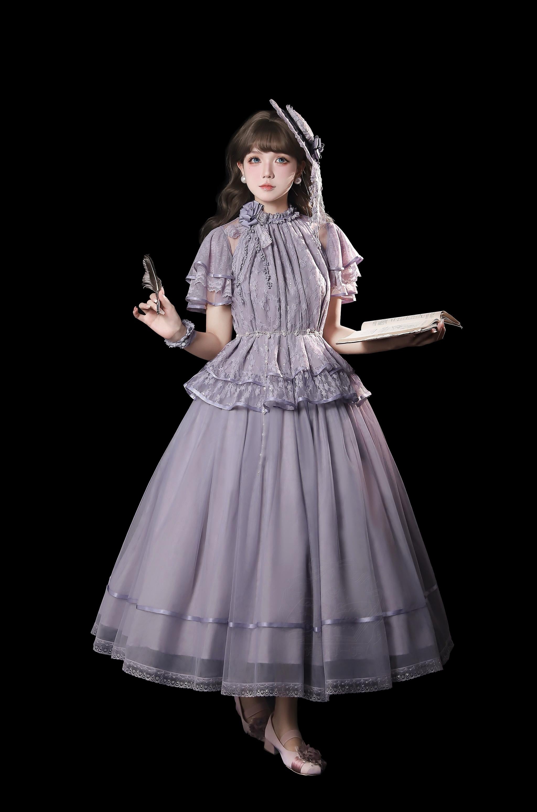 Moonlight Ode - Classic Lolita Lace Halter-neck Blouse & Tulle Skirt Set