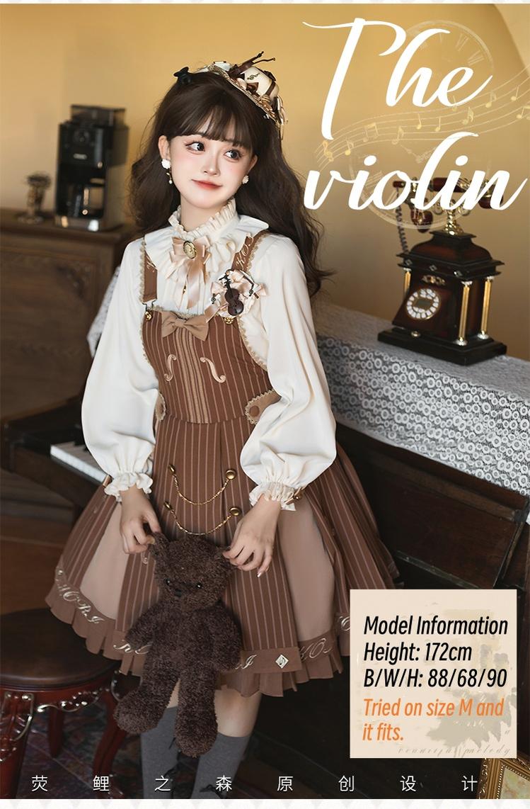 Forest Fluorescent Carps - Classic Lolita Salopette Set Violin Preppy Style Dress S Apricot blouse