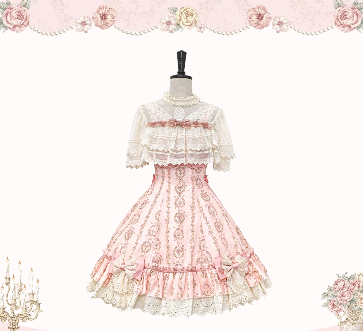 Whispers of Blossoms & Candlelight - Sweet Lolita Floral Printed JSK Dress with Bows (L M S XL) 45631:856600