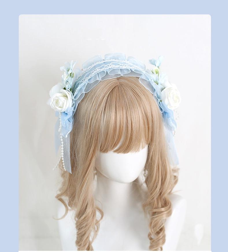 Xiaogui - Elegant Lolita Floral Lace Handmade Headband light blue with a retaining clip