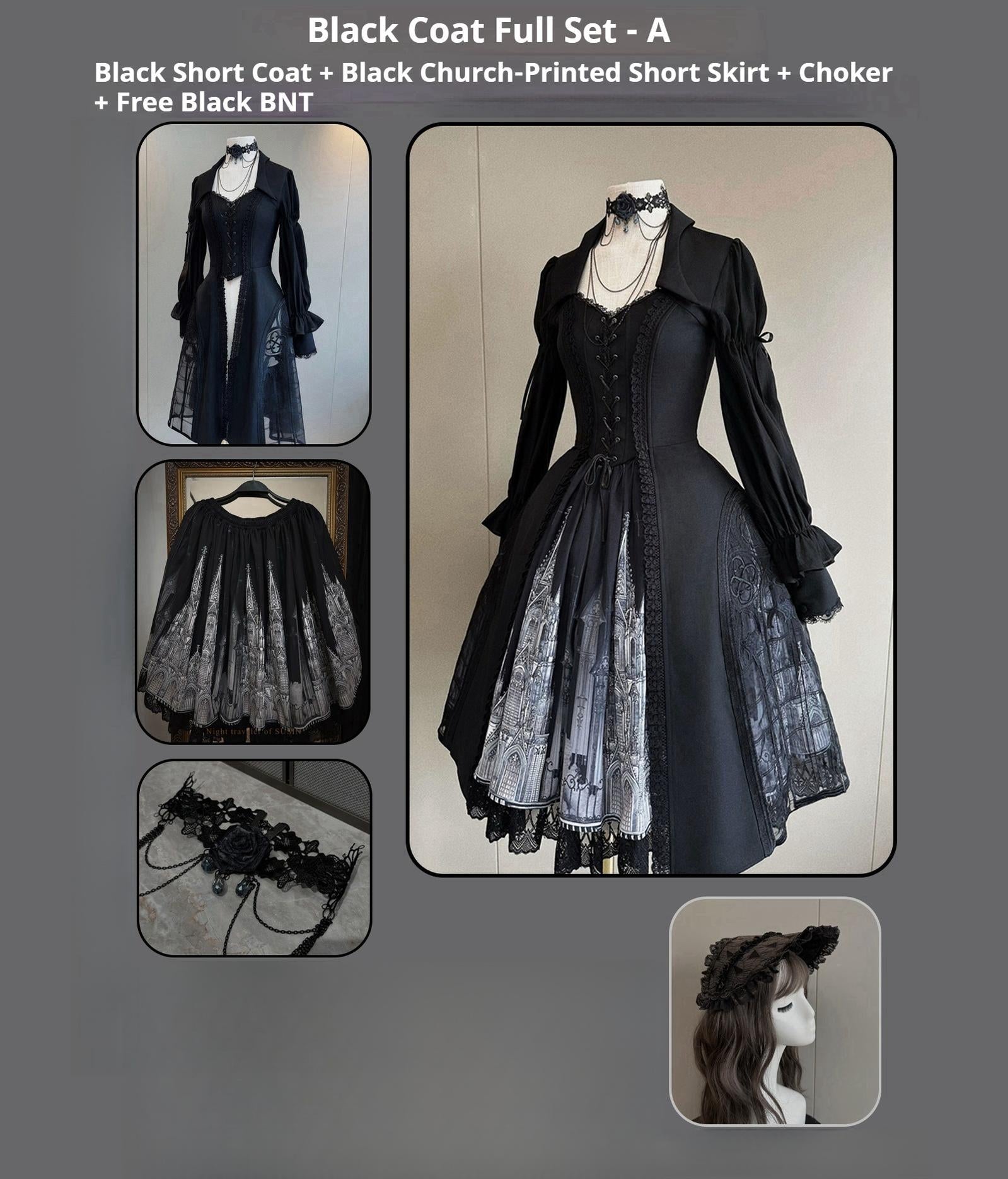 Susin Lolita - Night Traveler - Gothic Lolita Skirt Outfit Long Coat Shirt and Bustier Set (L M S XL) 42118:727536