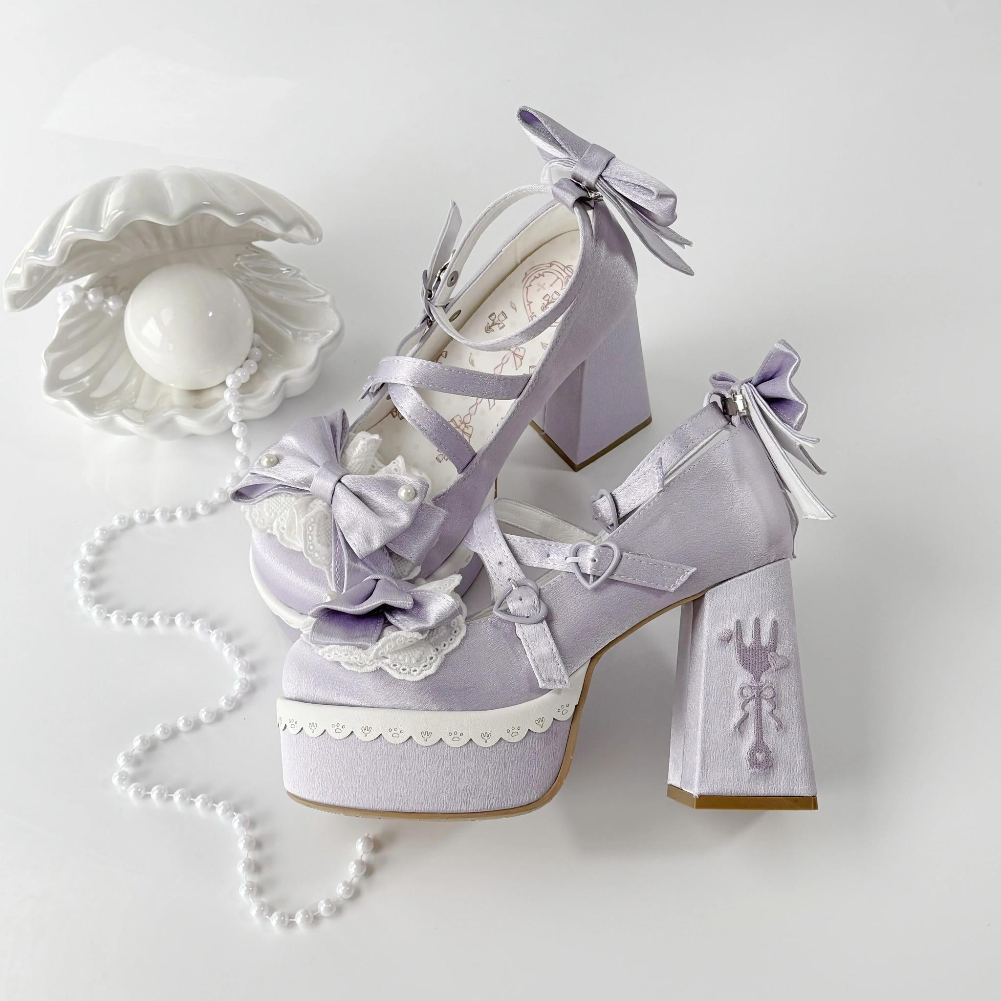 Tea Party Tale - Sweet Lolita Platform Heels, Bow Strap & Fork Embroidery (Purple / 34 35 36 37 38 39 40 41) 45905:867662