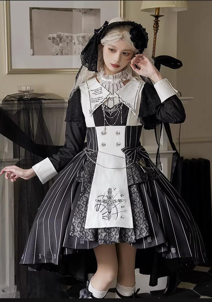 The Choir of the Church - Striped Gothic Lolita Dress Set, High-low Hem
