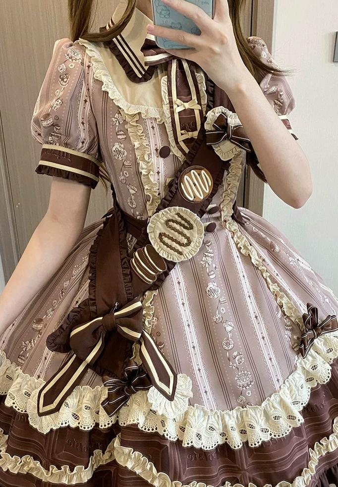 Chocolate Cone - Kawaii Lolita Dessert Print OP Dress, Detachable Sash Set 45782:862690