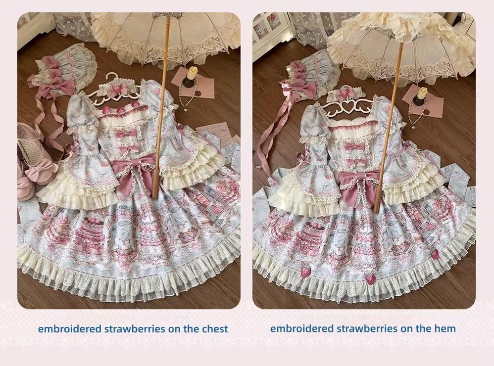 Victorian Cake - Classic Lolita OP Dress, Strawberry Cake Print