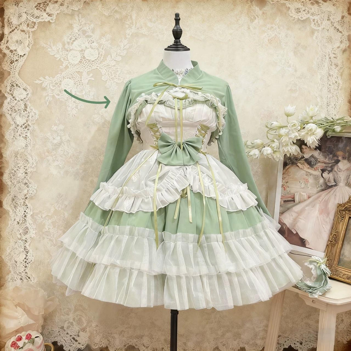 Toting Basil - Plus Size Wedding Lolita Dress Set, Green Bridal (2XL 3XL 4XL L M S XL) 37156:874708