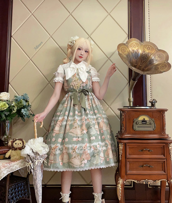 Fruit and rice - Tea Break Rabbit - Vintage Lolita JSK Rabbit Print Multicolors