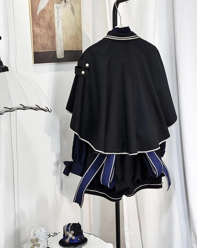 Fallen Holy Star - Ouji Lolita Ruffled Chiffon Blouse & Cape Set, Elastic Shorts 45816:863692