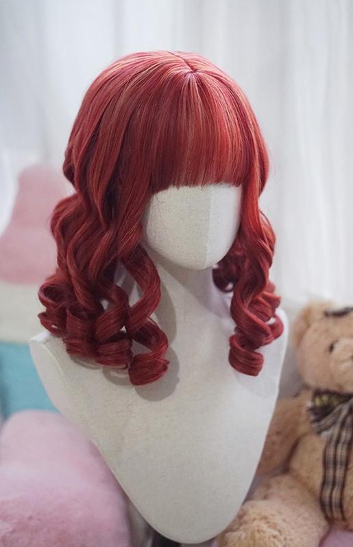 Doll-like Elegant Lolita Bangs Wig, Roman Curl Red