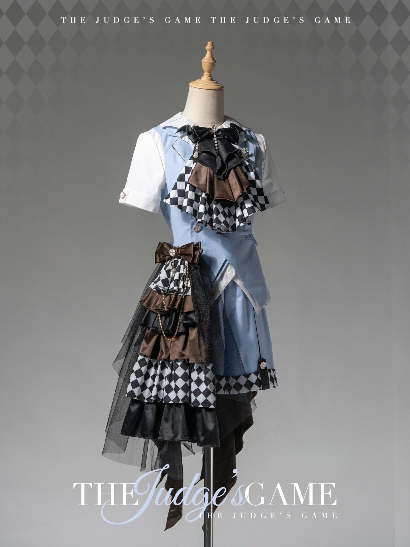 Forest Fluorescent Carps - The Judge's Game - Light Blue Ouji Lolita Shorts, Short Sleeve Shirt Light Blue Set (vest + shorts + trailing + jabot) S