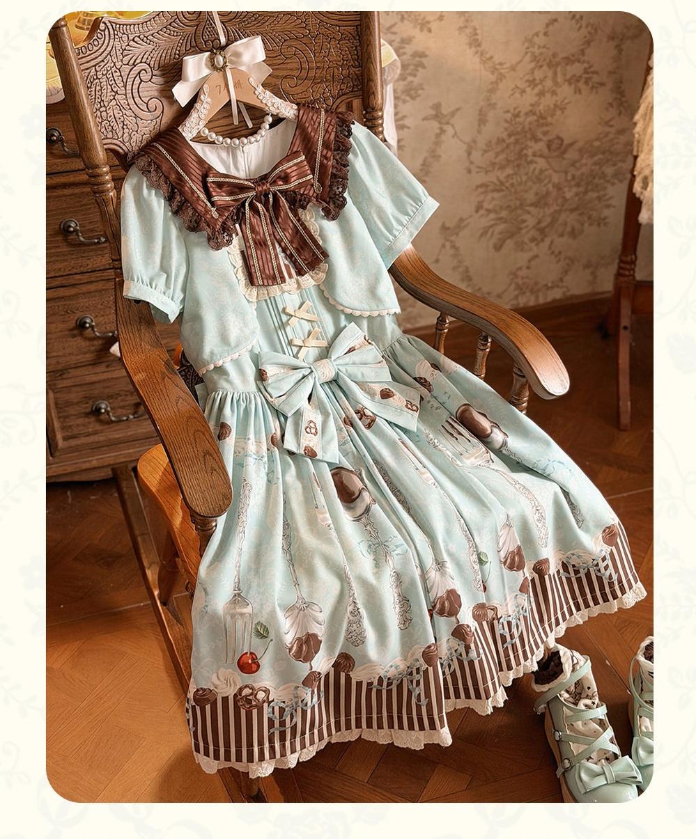 Dessert - Kawaii Lolita Sailor Collar OP Dress, Chocolate & Fork Print 44905:827093