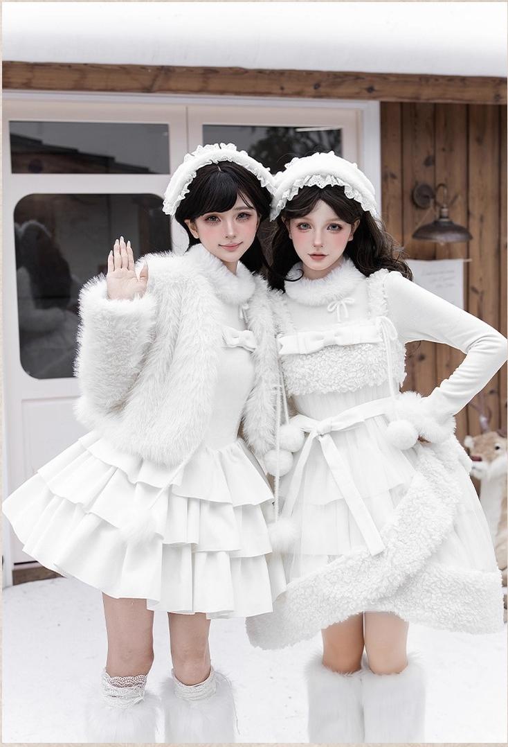 With PUJI - White Choco - Winter Kawaii Lolita JSK Dress Set, Fluffy Accents 44246:801118