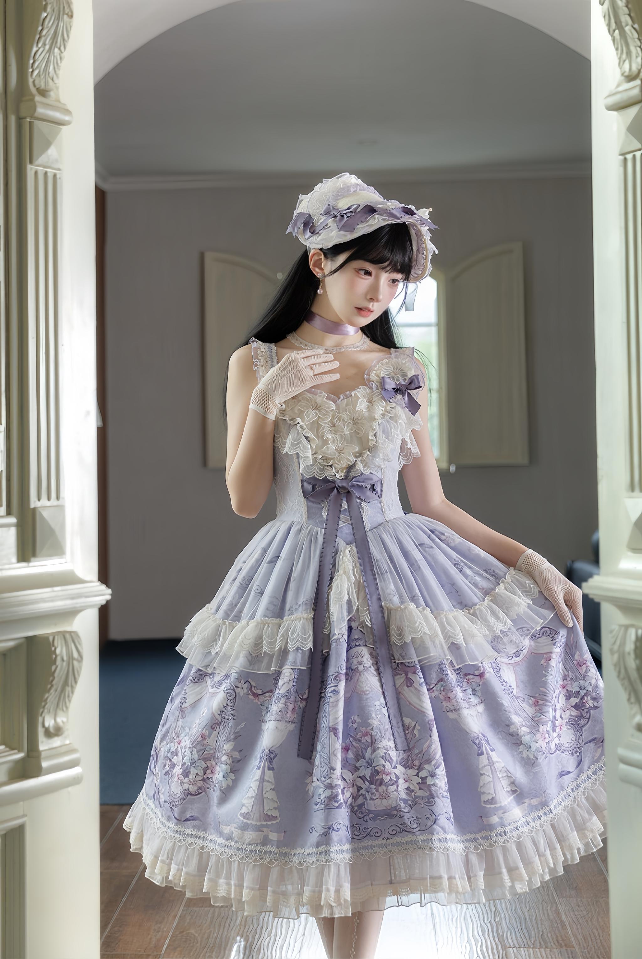 Lily Maiden - Classic Lolita JSK Dress, Lily Embroidery Purple - JSK Only (with hanamaru brooch) S