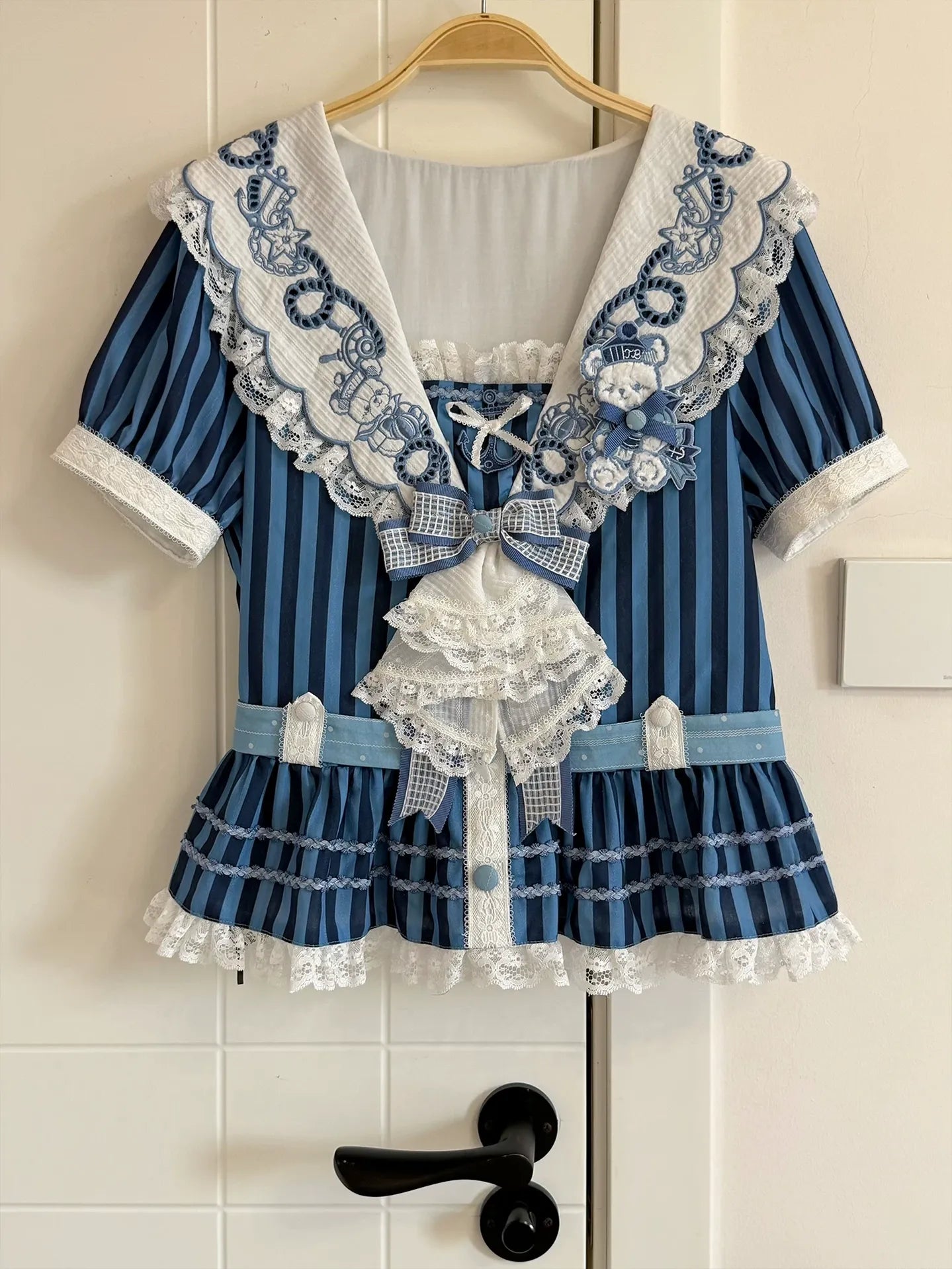 Antique Naval Bear - Striped Classic Lolita Sailor Collar OP, Bear Embroidery (L M S XL XS) 45518:854257