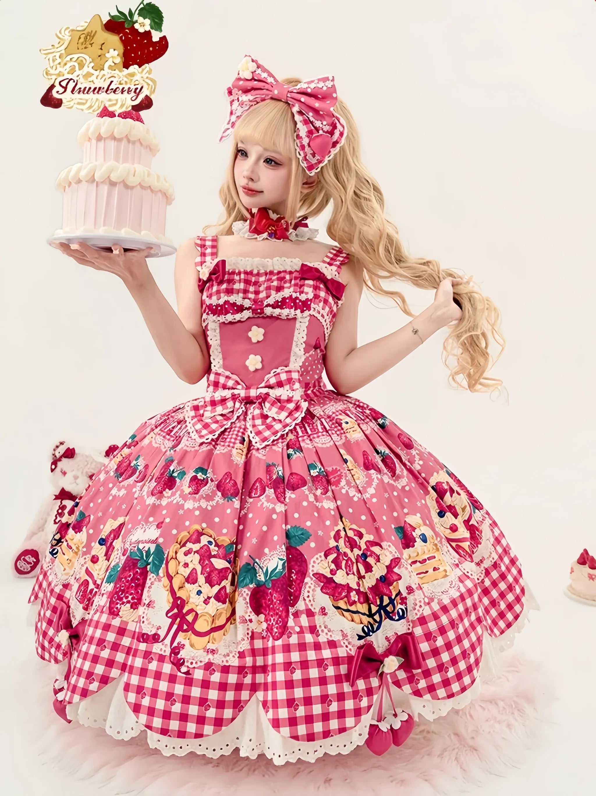 Strawberry Cake Pictorial - Cotton Sweet Lolita Petal Hem JSK, Strawberry Cake Print 45810:863210