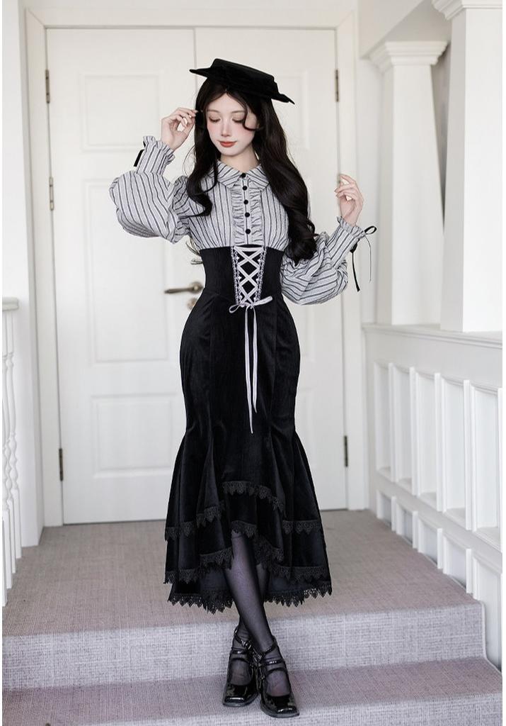 Dusk Moment - Classic Lolita Striped OP & Mermaid Dress Set, Fishbone Waist 44498:810710