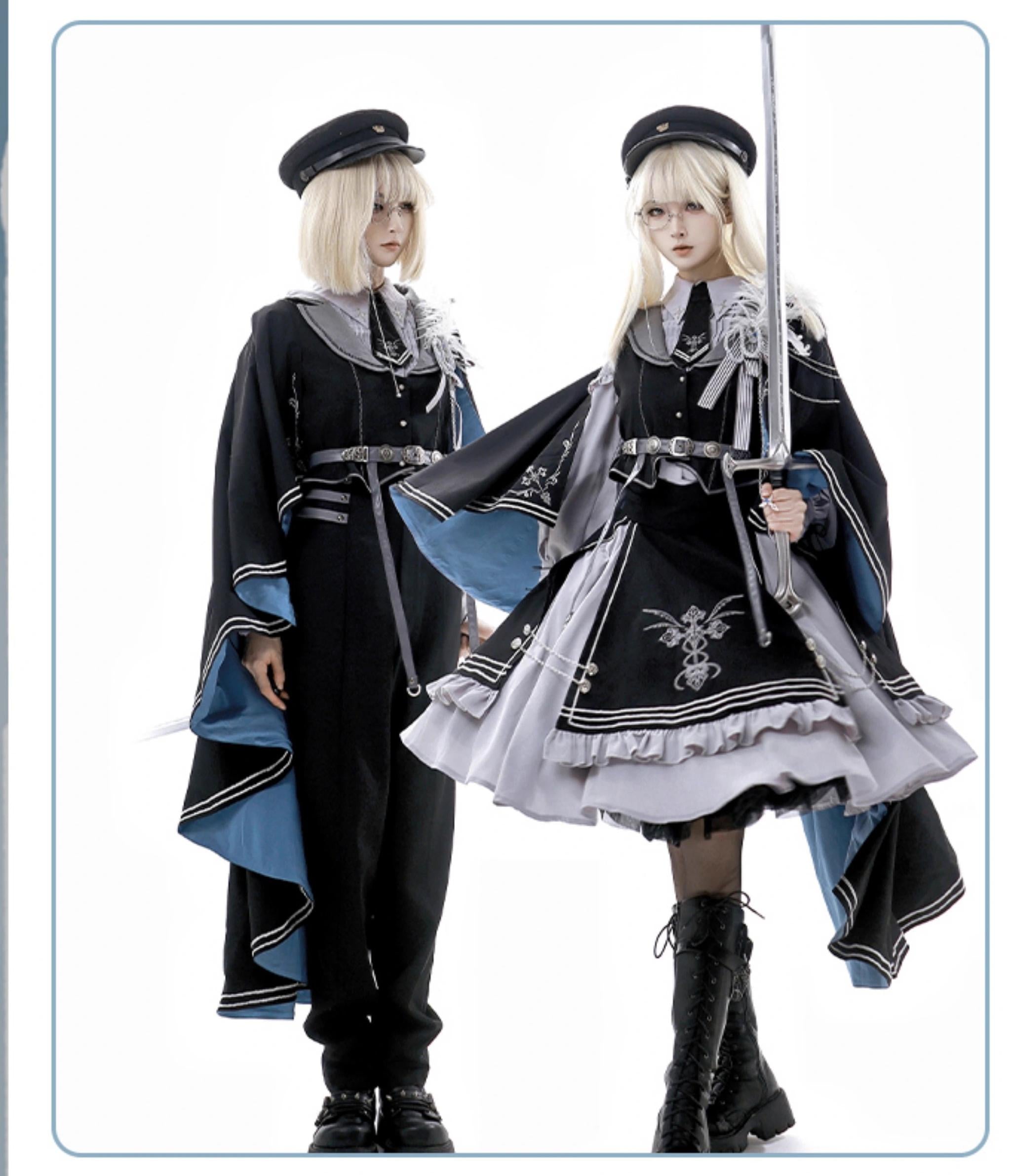 Dark Night Contract - Blue Military Lolita Pants Long Cape Couple Suit