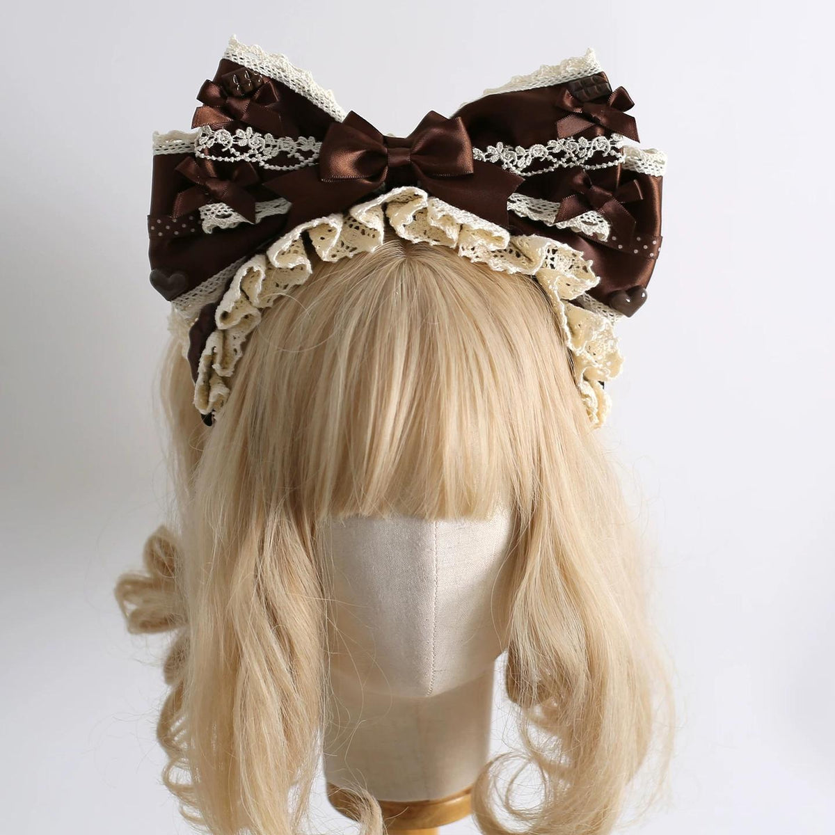 Coffee Brown Kawaii Lolita Hairband Accessory Set, Lace & Bear Ears (KC) 46088:874535