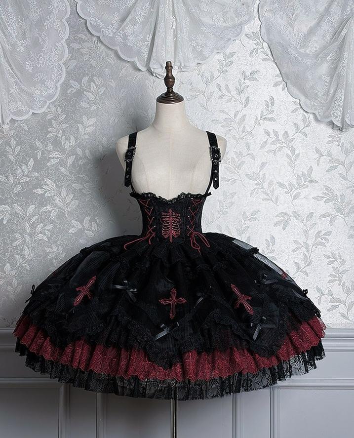 Dark Fog Feast - Gothic Lolita Bust-support Strap Dress, Lace & Cross Black & Red Bust-support Strap Dress XS