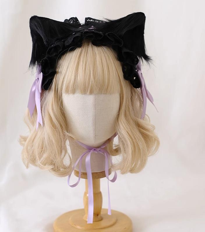 Xiaogui - Gothic Lolita Headband Cat Ear Hairpin Black cat ears + light purple headband