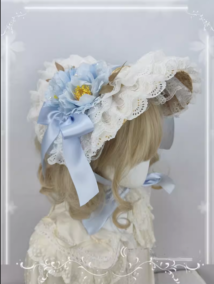 Cocoa Jam - Country Lolita Bonnet Lace Flower Flat Cap Multicolors Customized ice blue