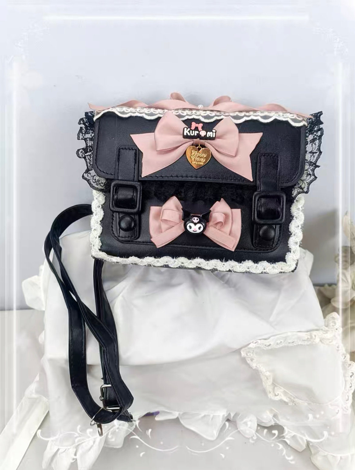 Cocoa Jam - Sweet Cute Lolita Cambridge Bag Lolita Satchel Shoulder Bag Black pink with standard leather strap