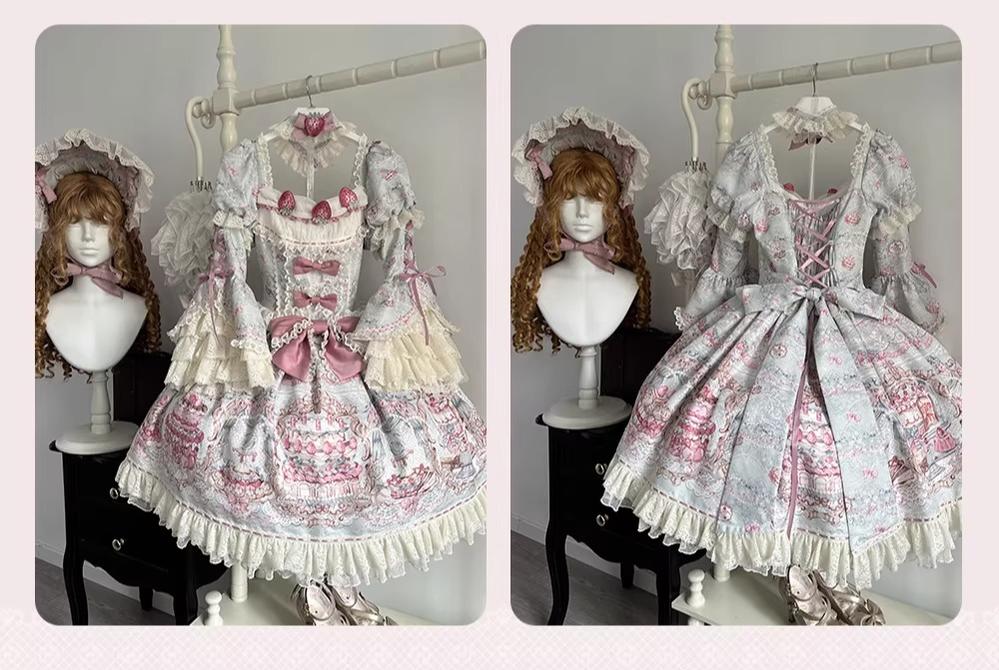 Victorian Cake - Classic Lolita OP Dress, Strawberry Cake Print