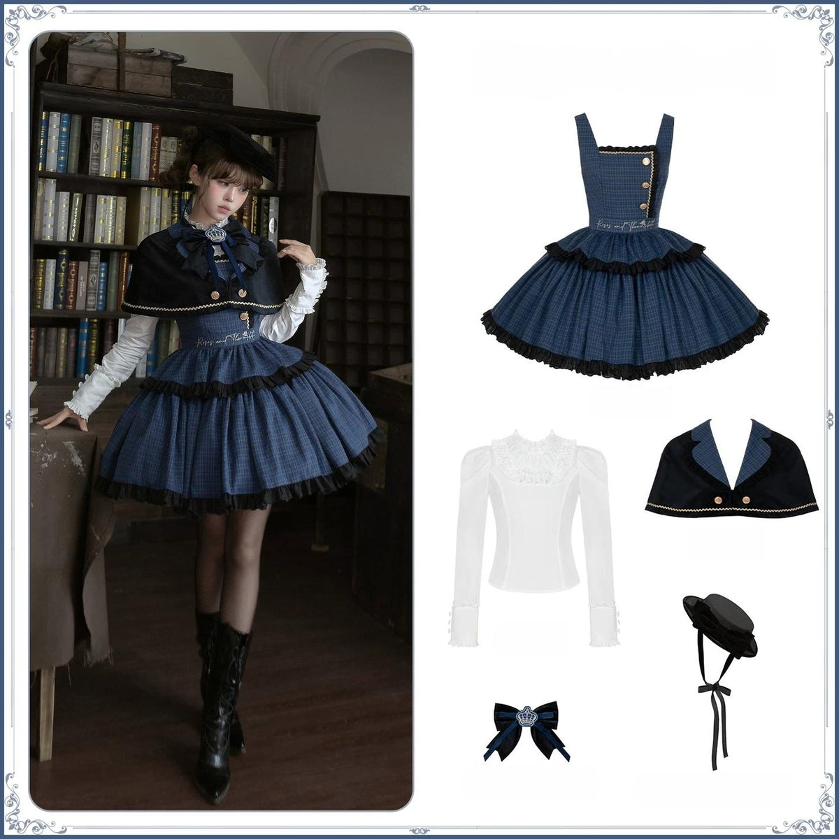 Heide Diary - Classic Lolita Blouse & JSK Dress Set, Blue Plaid (L M S) 46119:875724