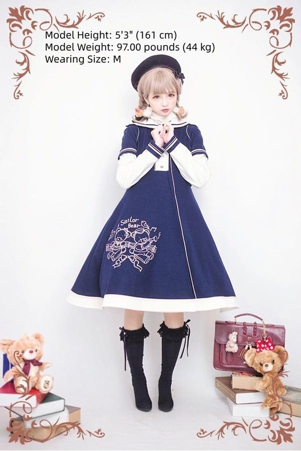 Strawberry Witch - Winter Kawaii Lolita Sailor Collar Overcoat, Bear Embroidery 44184:798174