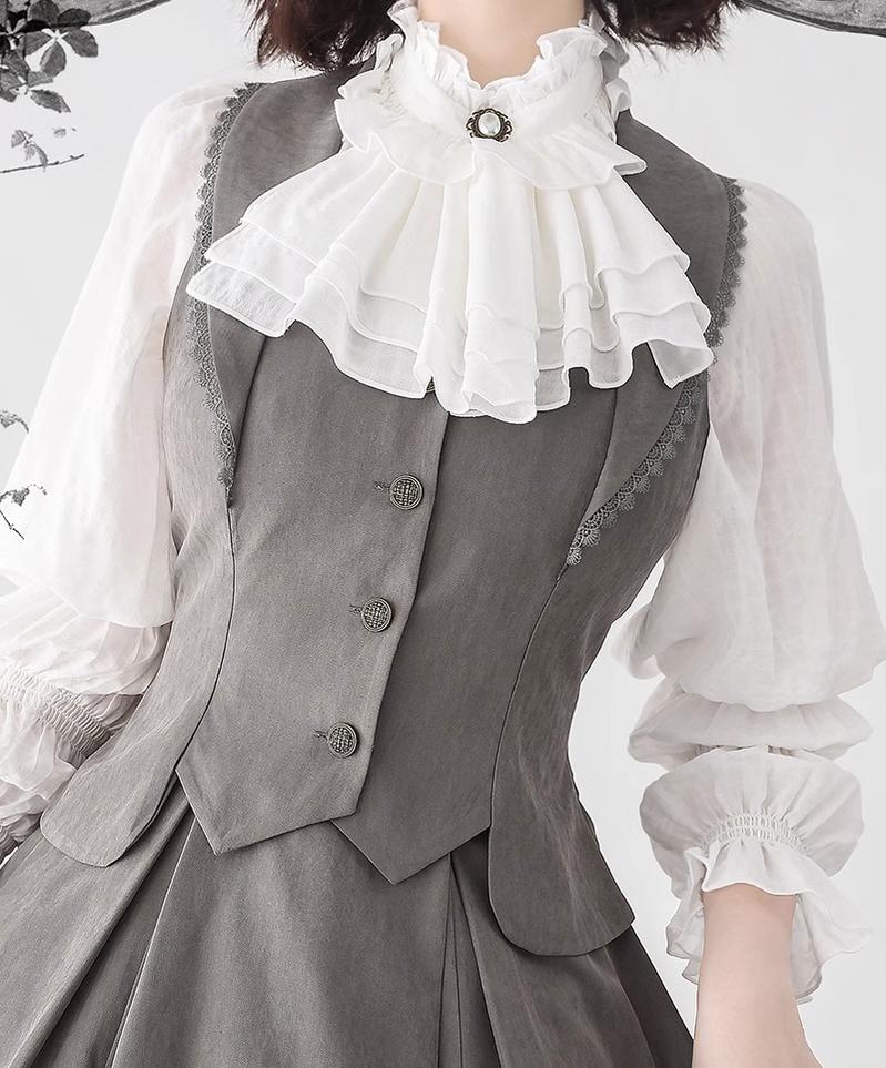 Forest Wardrobe - Misty Forest - Elegant Vintage Fishbone Lolita Long Skirt & Vest S Pottery Gray Vest