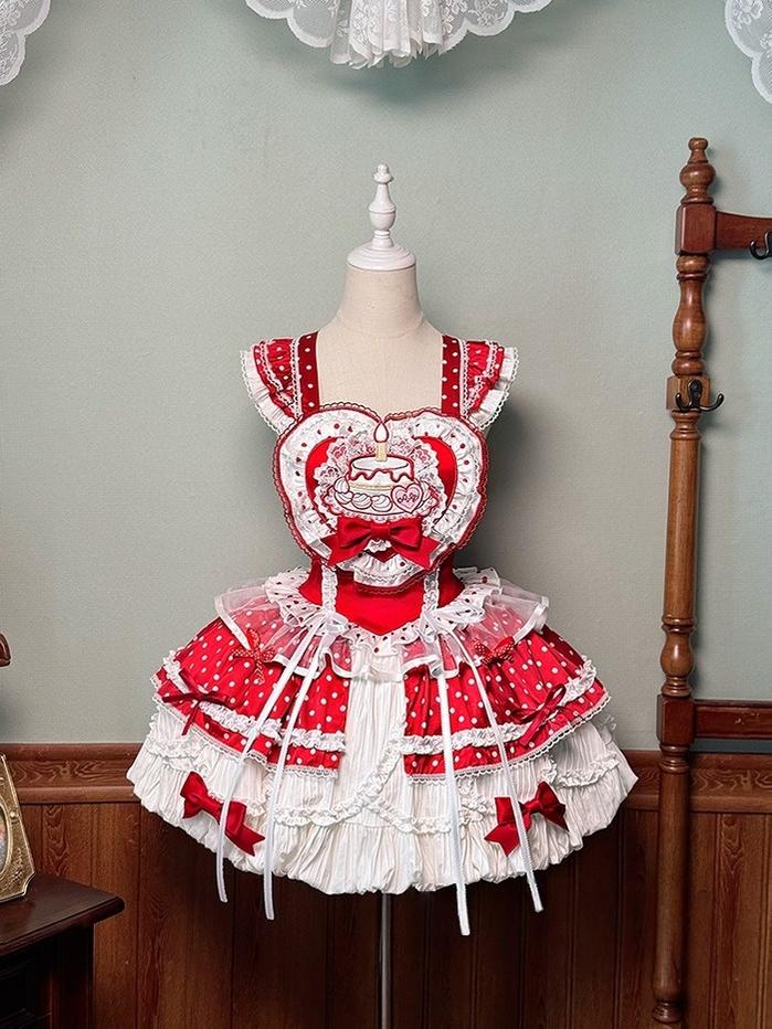Shuang Sheng Xiao Xiong - Bite The Cake - Sweet Lolita Dress, Red & White Polka Dots Big Bubble Suspender Skirt XS