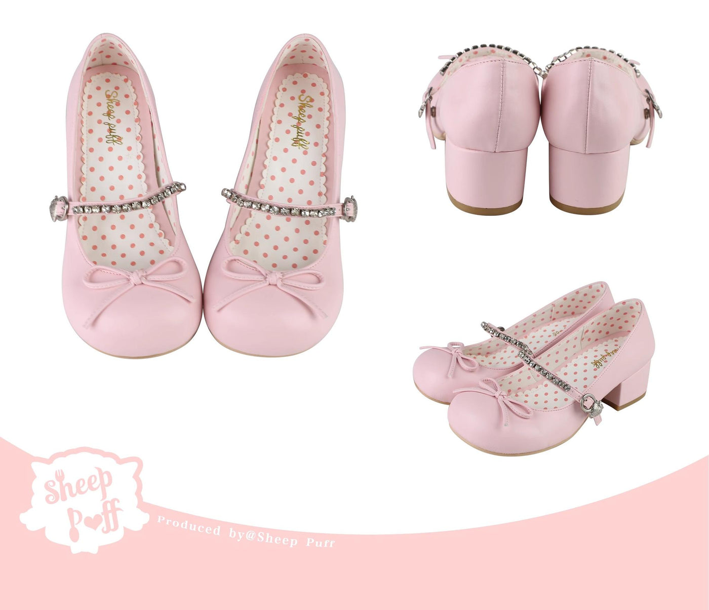 Sheep Puff~Small Berry~Kawaii Lolita Shoes Mid Heel PU Shoe 35 Pink 