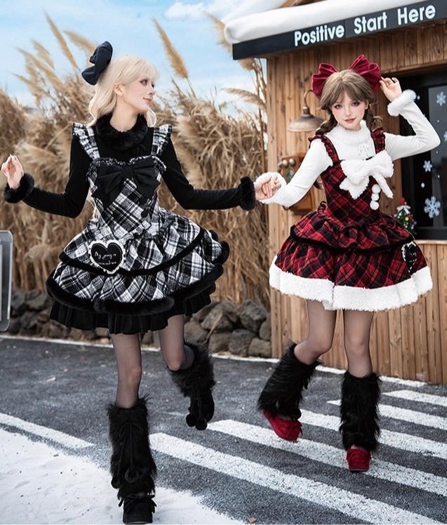 With PUJI - Snow Night Serenade - Fluffy Plaid Kawaii Lolita JSK, Reversible Cape 44279:802368