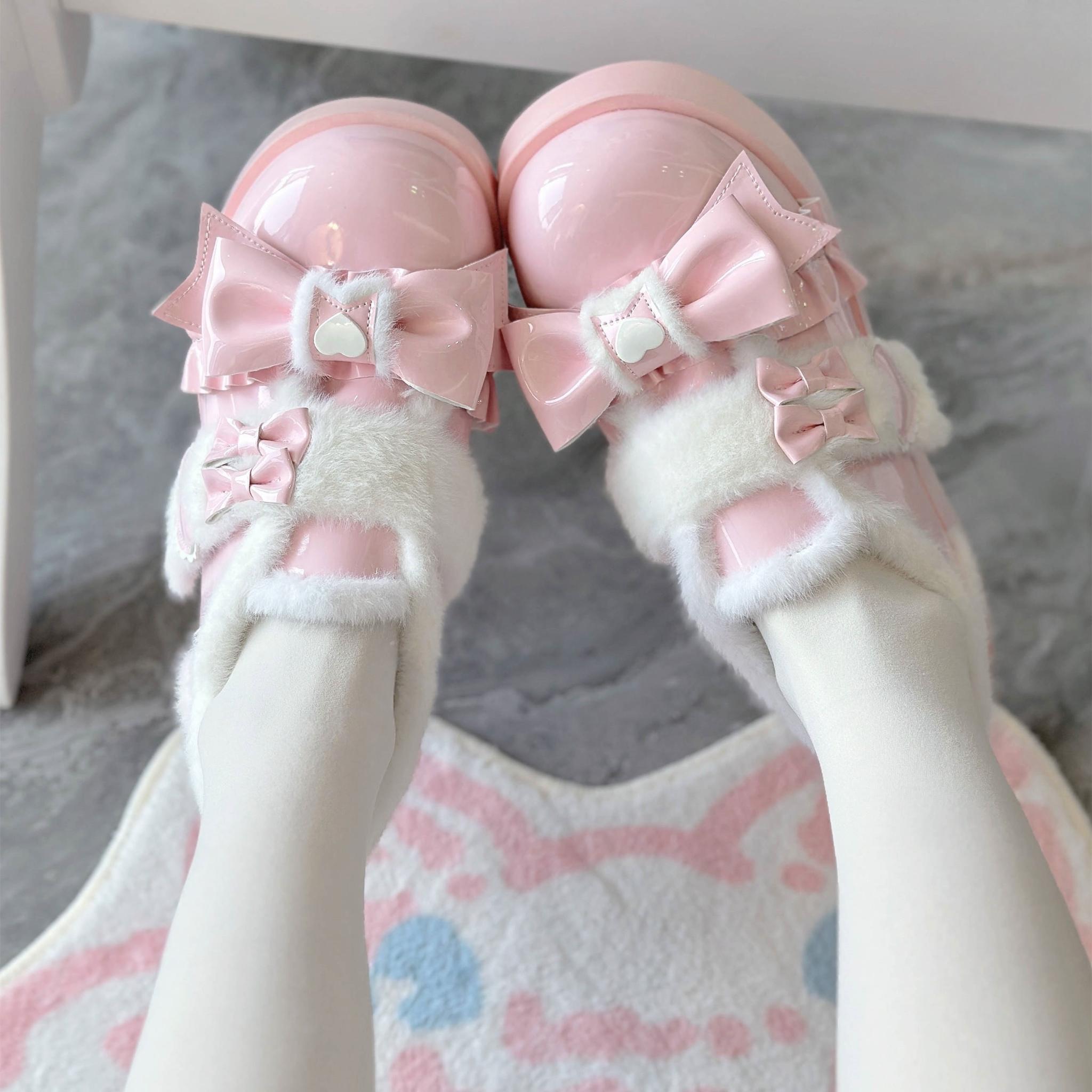 Cozy Cake - Winter Warm-lined Sweet Lolita Platform Shoes Cherry Pink 34