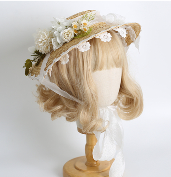Xiaogui - Elegant Lolita Flower Bow Lace Sunhat white Cap diameter 32cm