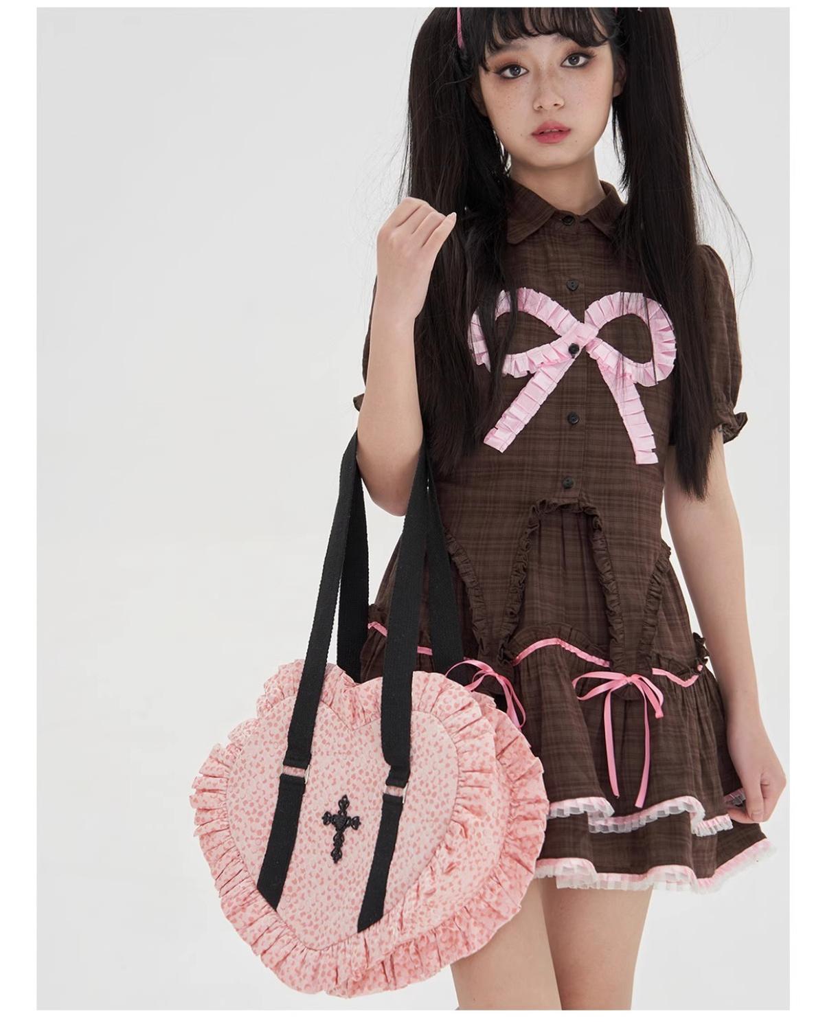 Soso Meme Club - Vintage Lolita Heart Shaped Plaid Dot Print JK Uniform Bag