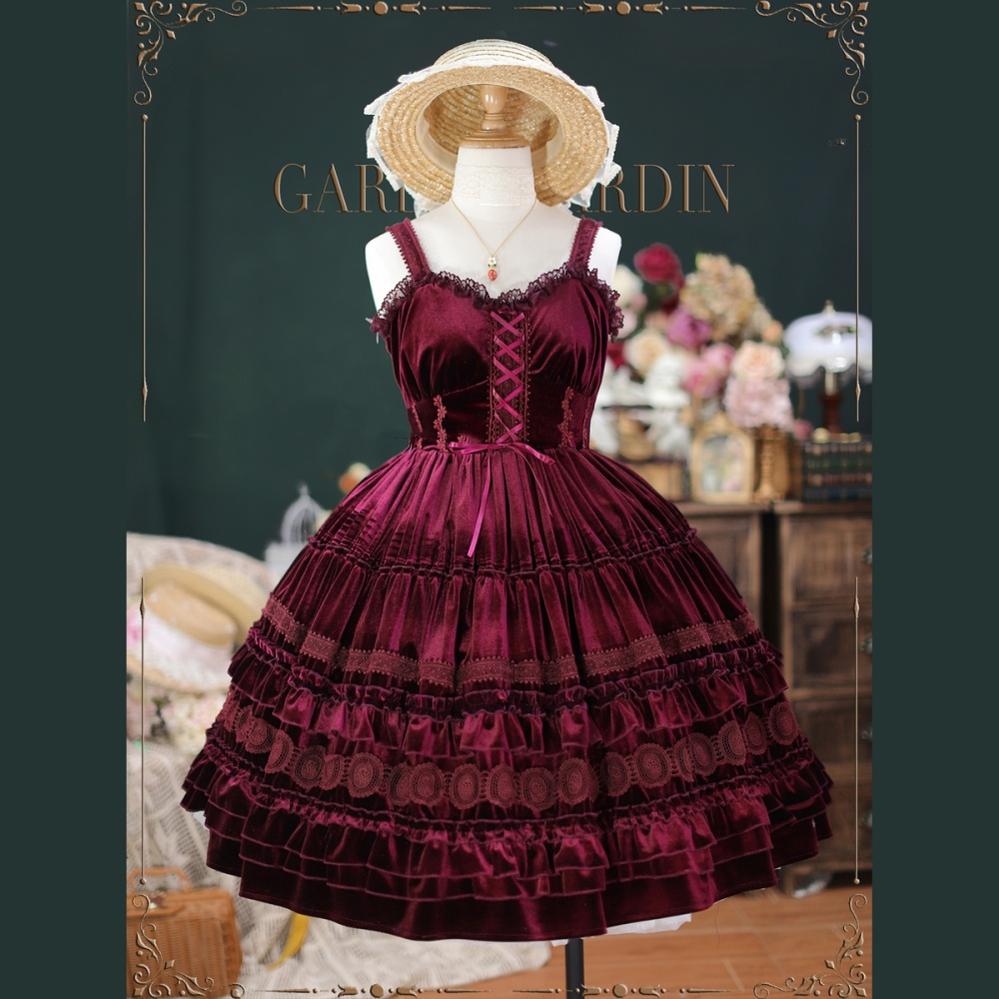 Tiny Garden - Elegant Chiffon Lolita Dress Silky Short Dream Bouquet JSK S Wine red (pre-order)