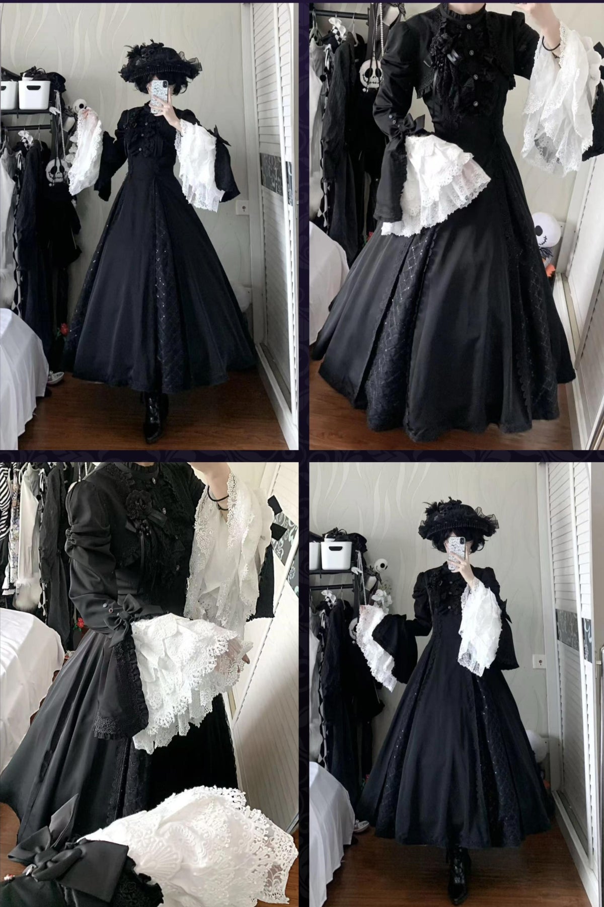 Silver Mist - Halloween Black Gothic Lolita OP Dress, Lace Hime Sleeves