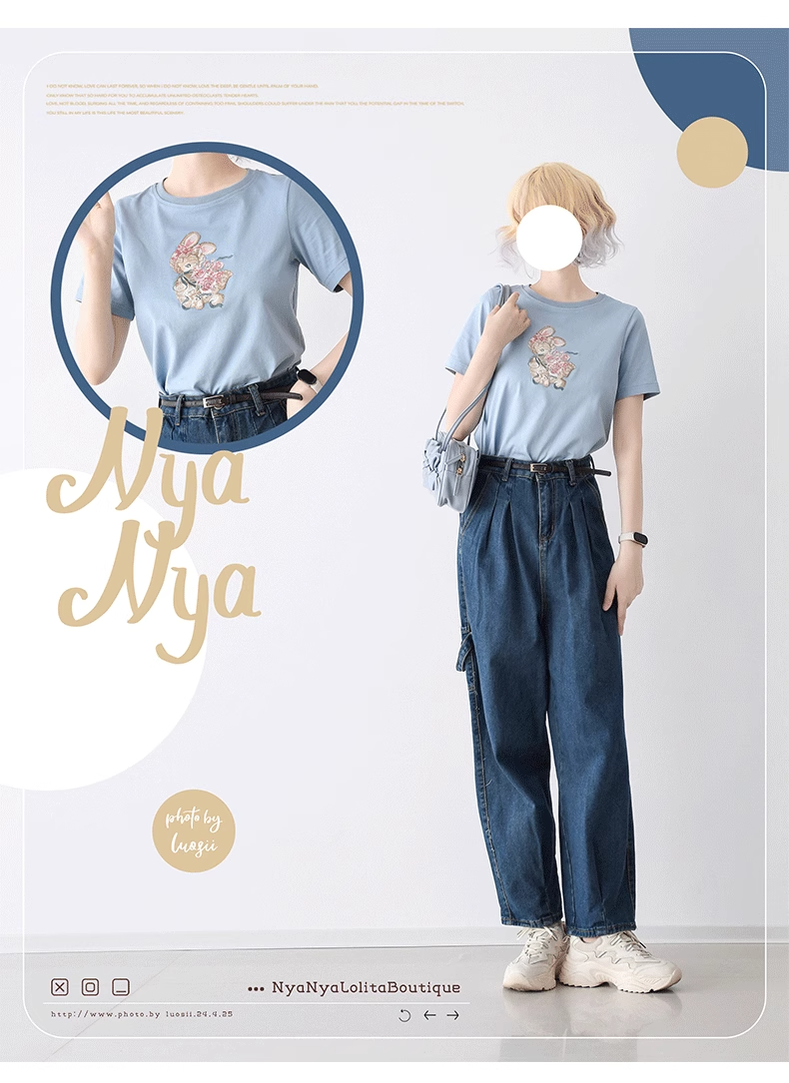 NyaNya - Four Seasons Collection - Sweet Lolita T-shirt Summer Loose Fit Embroidered T-shirt