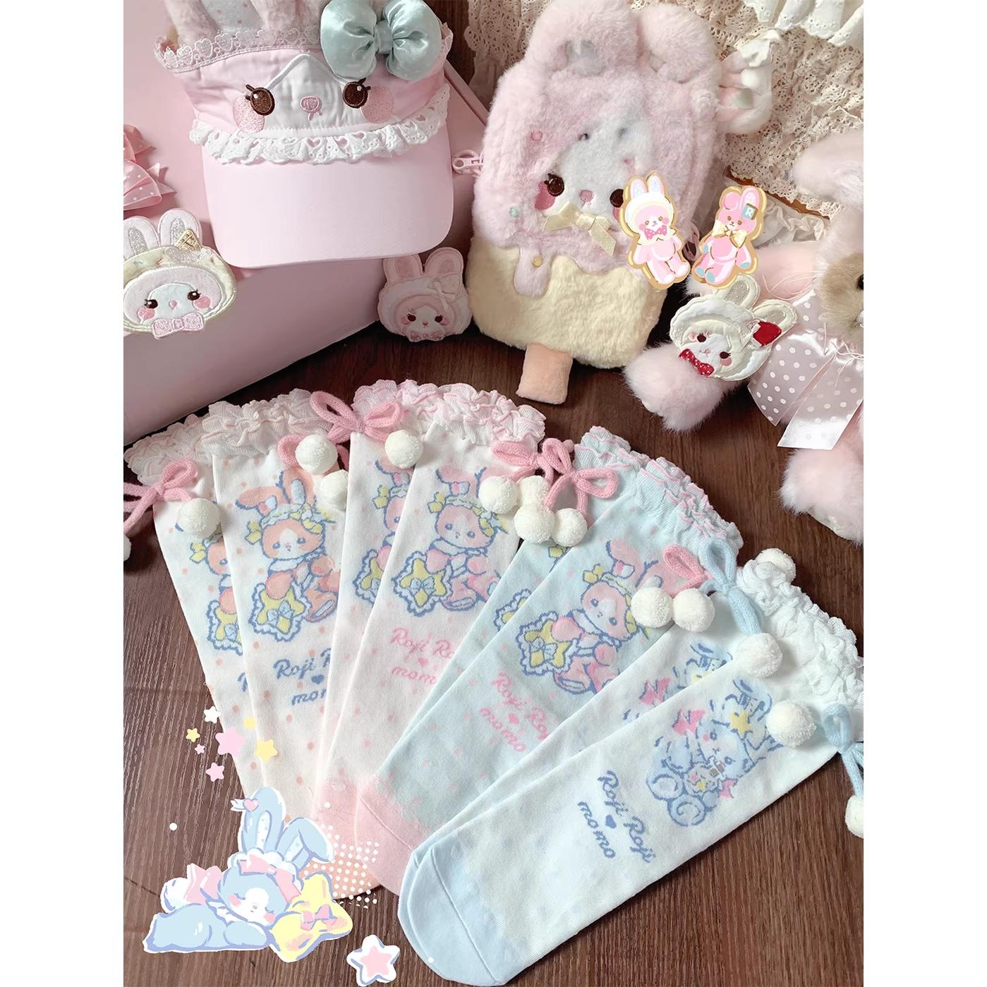 Roji Roji - Kawaii Lolita Mid-Calf Socks, Rabbit Print 44017:792673